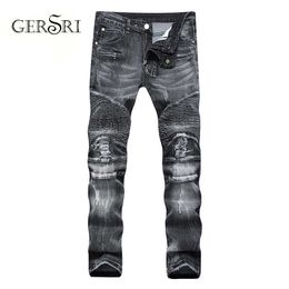 Gersri Men Jeans Slim Skinny Biker Pleated Trousers Hip Hop Washed Bleached Casual Moto Zipper Denim Pants Long Pants Male X0621