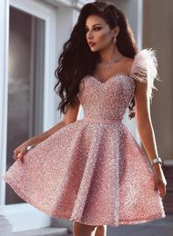 Elegant Pink Short Party Cocktail Dresses Ball Gown Evening Dress Sweetheart Spaghetti Sequins Beads Mini Homecoming Prom Gowns With Feather