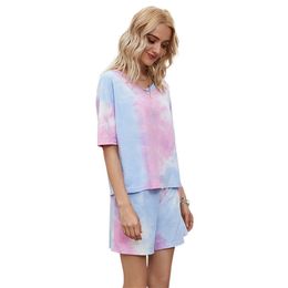 Summer Ladies Tie-Dye Two Piece Set V-neck Shorts Sleeve Tops with Women Loose Casual Dresy Damskie Komplet 210604