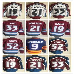 Vintage Eishockey-Trikot 52 Adam Foote 21 Peter Forsberg 9 Paul 19 Joe Sakic 33 Patrick Roy 1 Chico Resch 14 Rene Robert 9 Lanny McDonald Maroon Weiß Blau Alternate