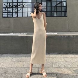 Yitimoky Ribbed Knitted Dresses for Women Summer 2021 V-neck Black Party Casual Harajuku Slim Beige Pullovers Vintage Midi Dress Y0603