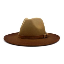 2021 Women Men Wide Brim Gradient Fedora Hats Browm Leather Band Decor Felt Jazz Party Formal Hat Fashion Panama Cap
