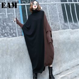 [EAM] Women Contrast Knitting Big Size Long Dress New Turthleneck Long Sleeve Loose Fit Fashion Tide Spring Autumn 2021 1DB481 210226
