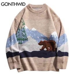 GONTHWID Snow Mountain Bear Patchwork Knitted Jumper Sweaters Streetwear Mens Hip Hop Harajuku Casual Knitwear Fashion Knit Tops 210812