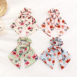 Fashion Bow Streamers Hair Bands Floral Print Scrunchies Ribbon Hair Rope Tie Ponytail Holder Elastic Hair Accessories