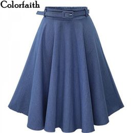 Autumn Winter Fashion Women Skirt Vintage Retro High Waist Pleated Midi Skirt Denim Flared Belt Skirt Saia Femininas SK098 210310