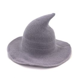 Witch Hat Foldable Men Women Cotton Yarns Wool Knit Wizard Bucket Hats Fashion Solid Top Cap Peaked Caps Halloween Girlfriend Gifts TH0072