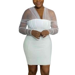 Selling Women Fashion Mesh Gauze Sleeves Solid Colour Large Size Elegant Casual Dresses 211115