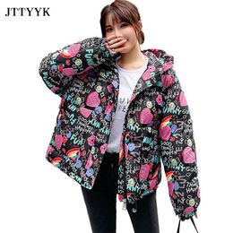 Oversize Clothes Winter Down Jacket Women Print Padded Coat Female Fashion Style zipper Short Outerwear Hooded Parka Mujer 211018