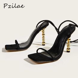Pzilae Summer Women Sandals Sexy Square Toe Lace Up Women Gladiator Sandals Metal High Heels Party Shoes Black Size 41 210715