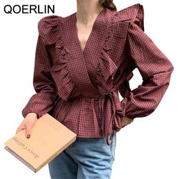 Chic Plaid Vintage Deep V Neck Lace Up Retro Women Loose Elegant Lantern Sleeve Elegance Female Shirts Tops 210601