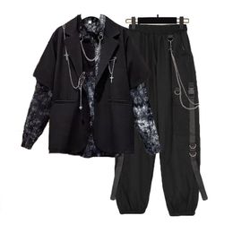 Pantaloni cargo a catena da donna autunno + camicetta Chian + maglia a catena da donna Streetwear Harajuku set da 3 pezzi per pantaloni da donna 220311