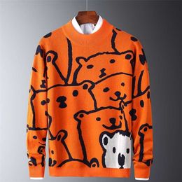 Mens Autumn Casual Sweaters Polar Bear Pattern Trendy Slim Sweaters Cotton Long Sleeve Round Collar Male Warm Pullovers Orange 211008