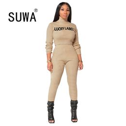 Lucky Label Women Clothing Tracksuit 2 Piece Matching Sets Turtleneck Pullover Crop Top High Waist Joggers Legging Activewear 210525