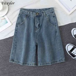 Fitaylor Summer Women High Waist Blue Wide Leg Denim Shorts Casual Female Solid Streetwear Stright Jeans Bermuda 210719