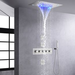 Brushed Nickel Shower Set With Handheld Spray Thermostatic 14 X 20 Inch LED Waterfall And RainfAll Functions Can Work Together