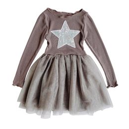 Girls Long Sleeve Drsses Autumn Star Printed Patchwork Mesh Birthday Tutu Dresses Children Party Dress 2-6Y 210528