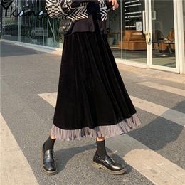 Winter Vintage stitching Velvet Pleated Women Skirt Autumn Harajuku High Waist Black Long Skirts Student Casual Party Skirt 210309