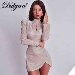 Dulzura Bling Glitter Shoulder Pad Hollow Out Women Long Sleeve Mini Dress Bodycon Sexy Party Club Elegant 2021 Autumn Winter Y1204