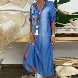 maxi summer butterfly dresses Canada - Casual Dresses Summer Vintage Denim Lapel Dress Butterflies Print Split Robe Female V Neck Half Sleeve Maxi Loose For Women 2021