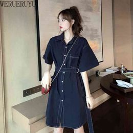 WERUERUYU Denim Dresses Women Summer Dress Casual Long Shirt Dress Dresses Short Sleeve Swing Dress 210608