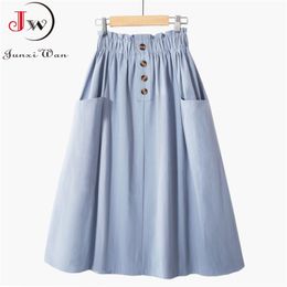 Women Summer Skirt Spring Korean Style Casual Solid High Waist A-Line Midi Skirts With Pocket Girls Elegant Faldas 210708