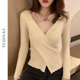 Yedinas Sexy Deep V Neck Knitted Sweater Women's Pullover Casual Slim Female Long Sleeve Tops Criss-cross Ladies Jumpers Femme 210527