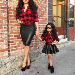 2Pcs/Set Fall Winter Baby Girls Clothes Kids Plaid Tops PU Leather Dress Girl Bebes rincess Outfits Clothing Set X0902