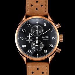 NEW Mens Watches Chronograph quartz Stopwatch Sport Watch Rose gold Stainless Brown Leatcher strap montre BATERLI Black face Wristwatches