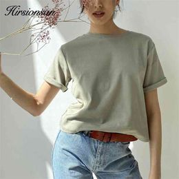 Hirsionsan 100% Cotton Oversized T Shirt Women Harajuku Basic Loose Short Sleeve Tees Soft Female Solid Tops Khaki Summer Jumper 210623