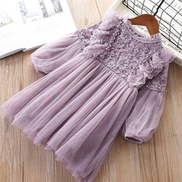 Girl Dresses Lantern Sleeve kids clothing Party Princess Spring Kids Lace Children Dress with Pearls Purple and White 3-7T 211231
