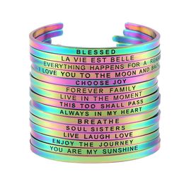 Rainbow Colour Women Mantra Bracelets Stainless Steel 316l Bangle Inspirational Bracelet Mantra Words Bangles Q0719