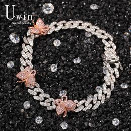 mini cuban link Canada - Uwin 9mm Cuban Bracelet With Butterfly 9inch Ankle Mini Pink Cz Punk Miami Link Bling Hip Hop Jewelry For Gift 210611