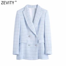 Zevity Women Elegant Plaid Pattern Tweed Woolen Blazer Coat Office Lady Double Breasted Suits Female Chic Buttons Tops CT711 211019