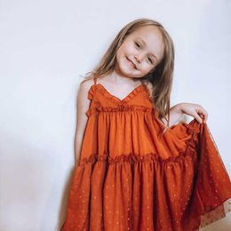 Summer Boho Kids Baby Girl Halter Sundress Lace Frill V-Neck Tulle Lace Spliced Beach Dress Party Wear for Children Girl 1-6Y Q0716