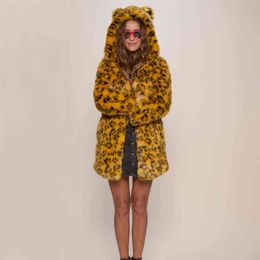 Women Jacket Long Section Hooded Winter Autumn Artificial Fur Jakcets Leopard Printing Sexy Fake Overcoats 211207