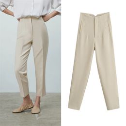 Za Spring Trouser Suits High Waisted Pants Women Fashion Office Beige Chic Button Zip Elegant Pink Casual Woman 210925