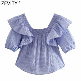 ZEVITY Women Vintage Square Collar Striped Print Short Smock Blouse Ladies Pleat Ruffles Casual Femininas Shirt Chic Tops LS9301 210603