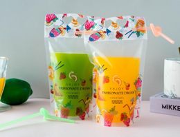 Water Bottles Fruit pattern Plastic Drink Pouches Bags with straws Frosted Zipper Stand-up Disposable Drinking Container Party Tableware