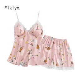 Fiklyc underwear sleeveless women's short pants Pyjamas sets ice silk summer straps lingerie nightwear home clothing HOT Q0706