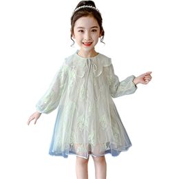 Dress For Girls Long Sleeve Meshes Lace Floral Party Child Cute Style Childrens Clothing 6 8 10 12 14 210528