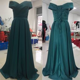 emerald evening gowns Australia - Real Pictures High Quality Satin Emerald Green Prom Dresses Off Shoulder Long Formal Dress A-Line Elegant Evening Gowns