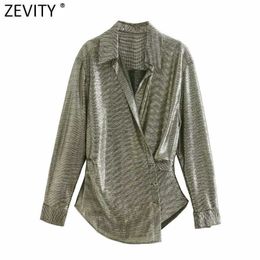 Zevity Women Vintage Turn Down Collar Metal Color Irregular Smock Blouse Female Retro Kimono Shirts Chic Blusas Tops LS7655 210603