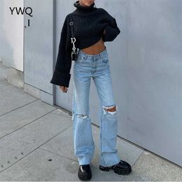 Cargo Pants Women Jeans High Waist Ripped Baggy Jeans Fashion Vintage Knee Hole Full Length Pants Solid Blue Cool Denim Trousers 210616
