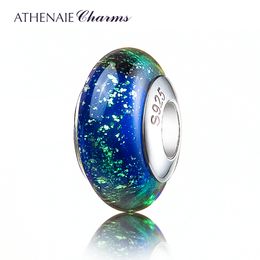 ATHENAIE Genuine Murano Glass 925 Silver Core Gold Sand Charms Bead Fit All European Bracelets Color Blue Gift For Christmas Day Q0531