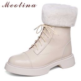Meotina Genuine Leather Ankle Boots Woman Med Heel Motorcycle Boots Zipper Platform Block Heel Short Boots Lace Up Female Shoes 210608
