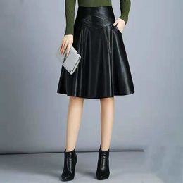 High Waist Leather Sheepskin A-Line Skirts Elegant Black Skirt Korean Womens Female Indie Folk Knee Length Ladies Office Skirt 210303