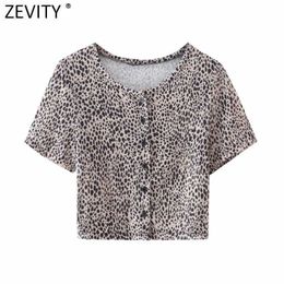 Zevity Women Fashion Leopard Print Short Slim Blouse French Female Basic Short Sleeve Casual Shirts Chic Chemise Tops LS9164 210603