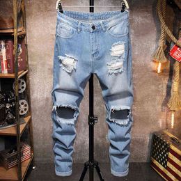Hip Hop Ripped Jeans Men Hole Loose Korean Style Pants Harajuku Homme Streetwear Straight Denim Trousers Male G0104