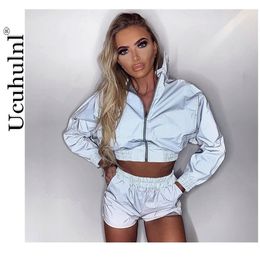 Women Tracksuit Zip Reflective Light Short Jackets Tops Casual Clubwear Sports Suit Festival Clothes Two Piece Set Pants Women Y0625